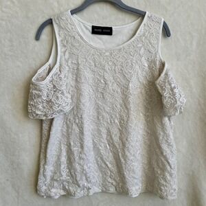 Mandy Evans Lace‎ Cold Shoulder Top White Rose Floral Lined Blouse Large